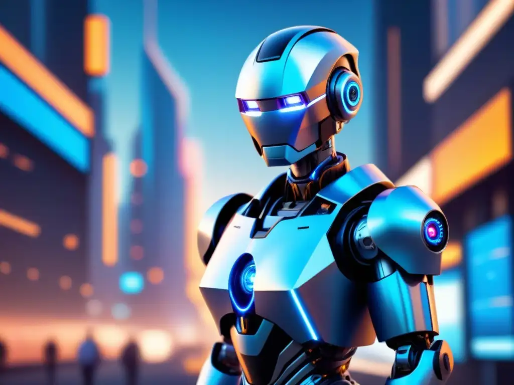Robot AI futurista en paisaje digital: diseño minimalista y detallado Un robot AI futurista en un paisaje digital de marketing con iconos y datos, emitiendo luz azul