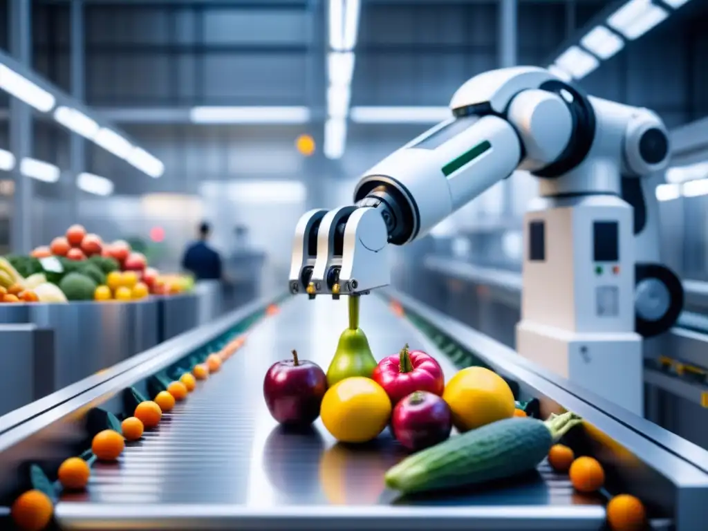 Un robot futurista en una planta de alimentos de alta tecnología, clasifica frutas y verduras con precisión