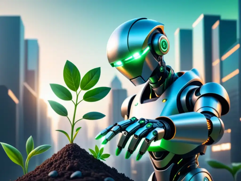 Un robot futurista selecciona planta en mar de datos financieros, simbolizando la tecnología roboadvisors en inversión bancaria democratización