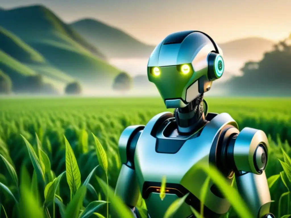 Un robot futurista trabaja con precisión en un campo verde, simbolizando la tecnología en la agricultura sostenible