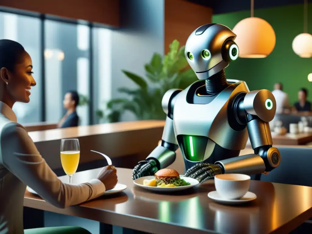 Un robot futurista sirviendo en un restaurante sostenible a clientes diversos