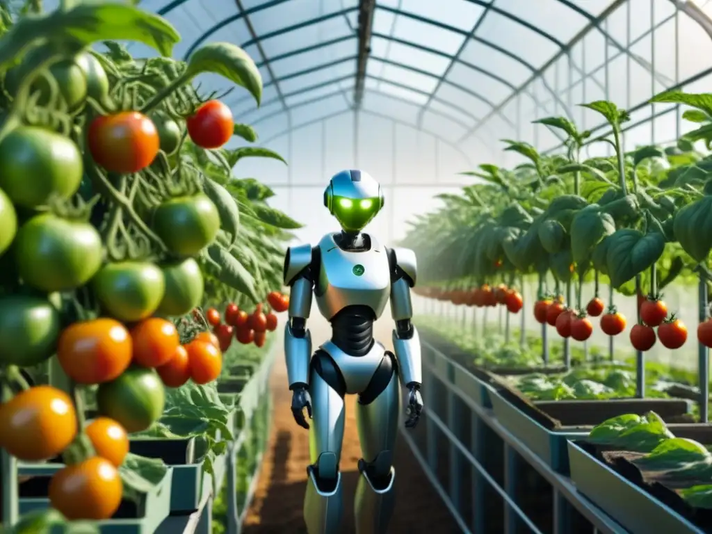 Un robot futurista cosecha tomates en invernadero soleado