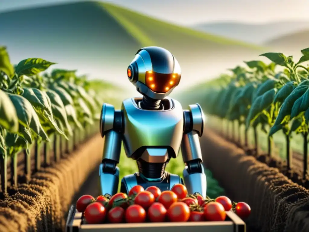 Robot futurista cosechando tomates en campo agrícola Un robot futurista cosechando tomates maduros en un campo agrícola, con filas de plantas verdes