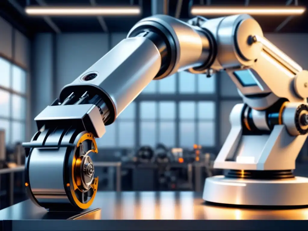 Robot industrial moderno en blanco brillante, con engranajes precisos a la vista