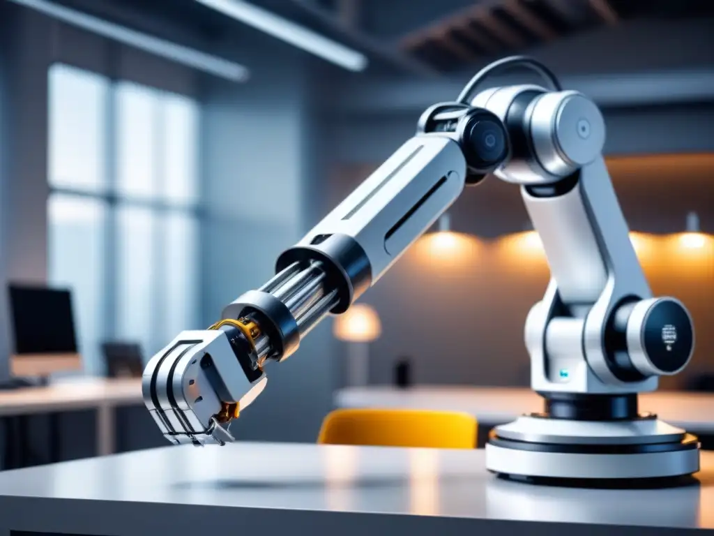 Robot industrial moderno en acción, en un entorno minimalista y eficiente