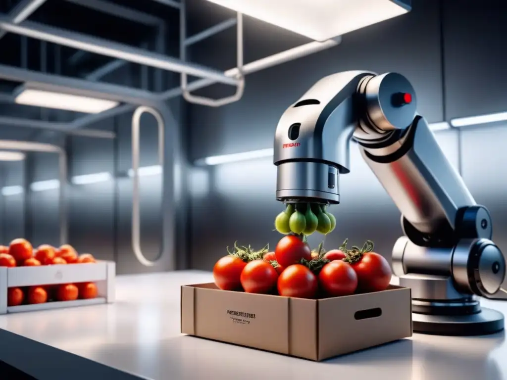 Un robot industrial moderno coloca con precisión un tomate maduro en una caja, en un escenario futurista y estéril