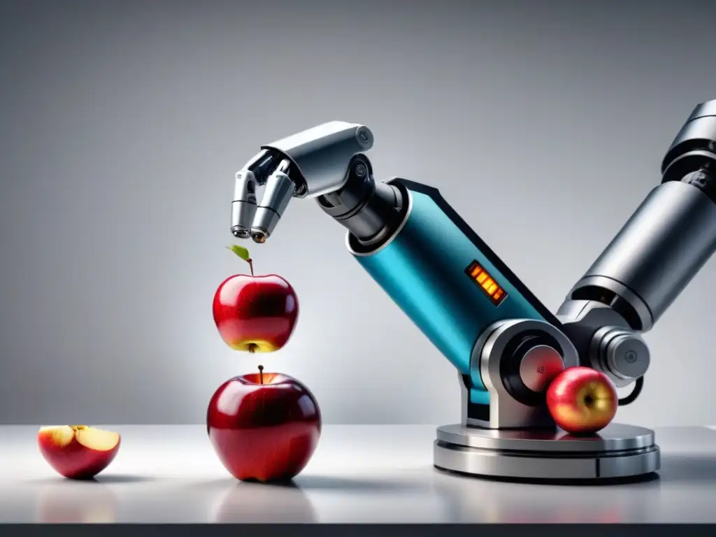 Robot industrial moderno recogiendo con precisión una manzana roja madura