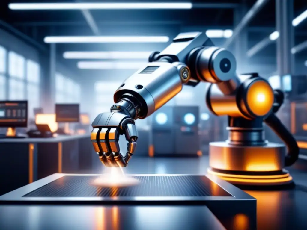 Robot industrial plateado en movimiento en fábrica moderna