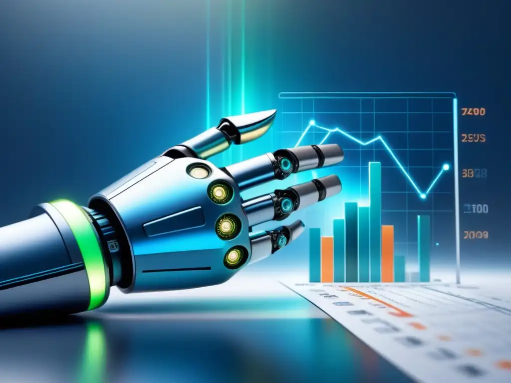 Un robot integrado en una sofisticada gráfica financiera, simbolizando la fusión de tecnología y banca de inversión