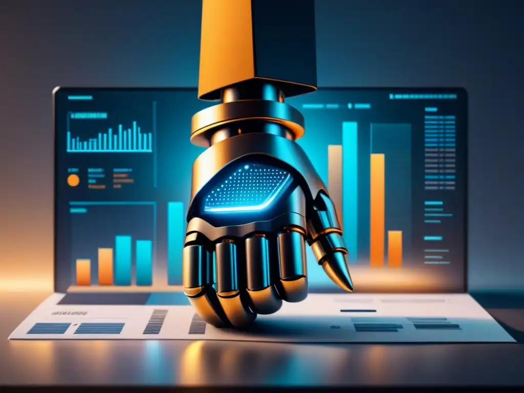 Un robot con una mano futurista sostiene gráficos financieros, simbolizando la tecnología de roboadvisors en la inversión bancaria