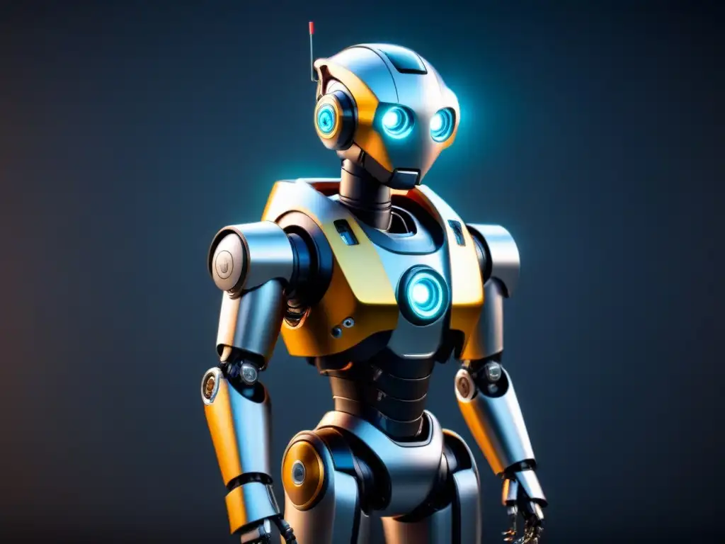 Un robot de mantenimiento futurista con detalles meticulosos, luces LED brillantes y patrones de circuitos, en un fondo oscuro