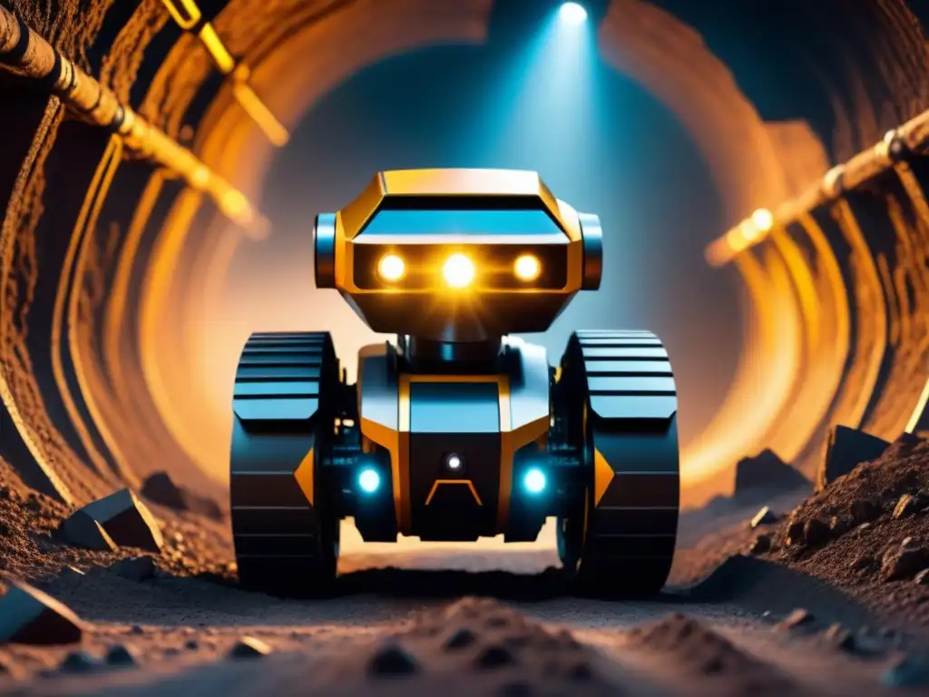 Un robot minero futurista en un túnel iluminado por luces LED, rodeado de minerales brillantes