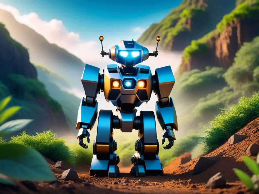 Robot minero futurista en entorno sostenible Un robot minero del futuro, rodeado de naturaleza y tecnología en una extracción minera sostenible