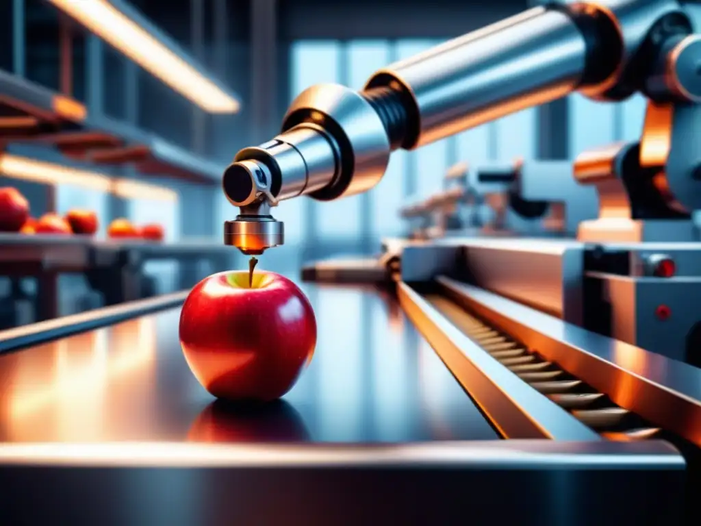 Un robot plateado coloca una manzana roja en una línea de producción futurista