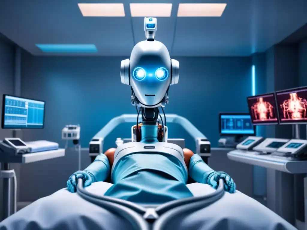 Un robot quirúrgico futurista realiza una precisa acción en un quirófano moderno, rodeado de tecnología médica avanzada
