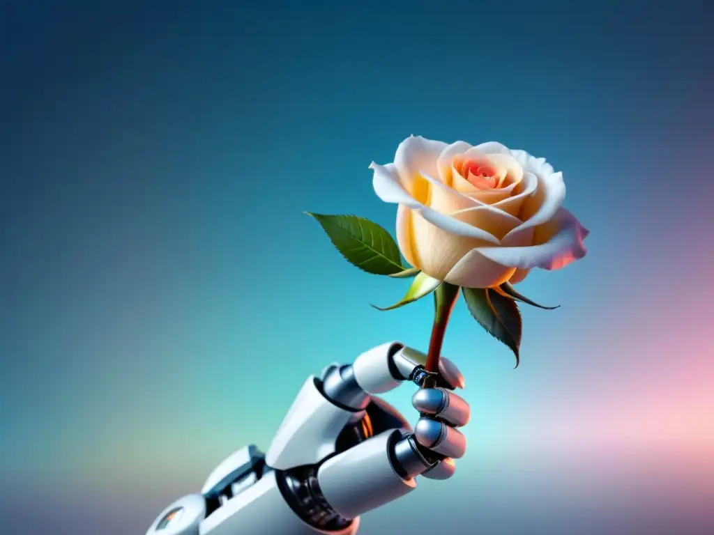 Robotica blanda para materiales delicados: brazo robótico blanco sostiene con precisión una rosa de cristal en suaves tonos pastel