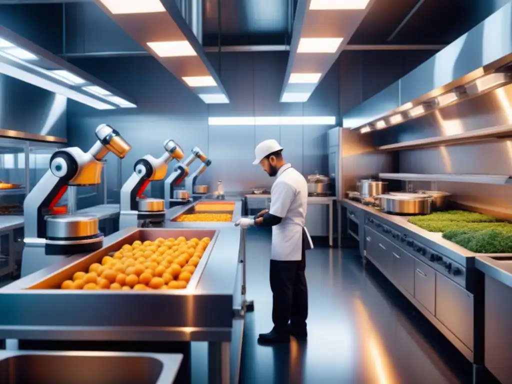 Robótica colaborativa en la producción: Humanos y robots trabajan juntos en una cocina futurista eficiente y armoniosa