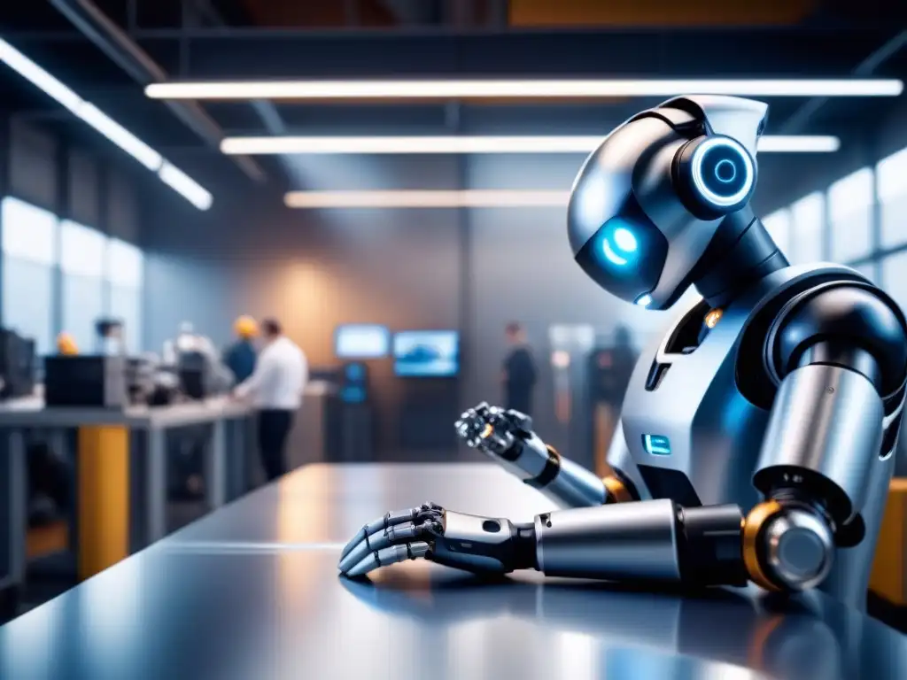 Robótica colaborativa avanzada en entorno industrial moderno Robótica colaborativa en seguridad laboral: brazo robótico asistiendo a trabajador en entorno industrial moderno