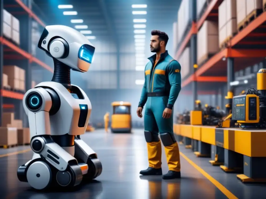 Colaboración humano-robot en planta industrial futurista Robótica colaborativa en seguridad laboral: Futurista robot ayuda a humano en planta industrial