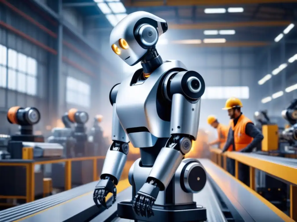 Colaboración humano-robot en la industria: eficiencia y seguridad Robótica colaborativa en seguridad laboral: Robot industrial asiste a humano en fábrica futurista