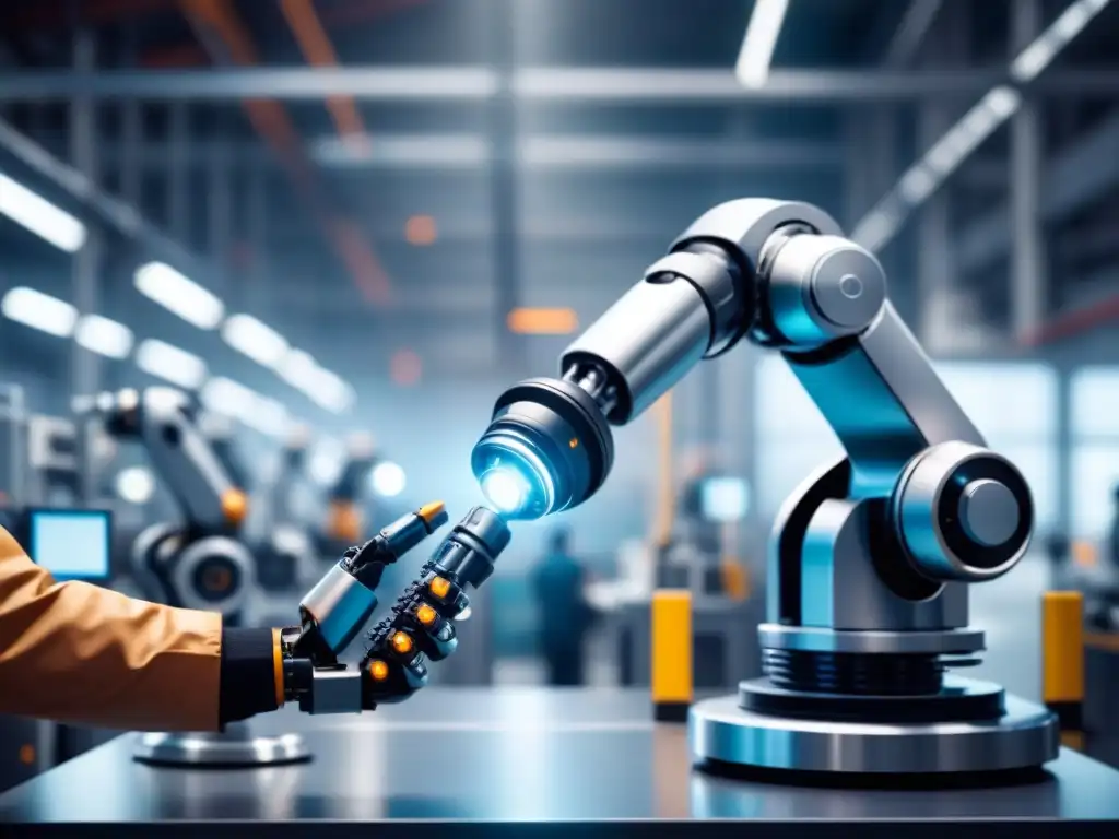Colaboración humano-robot en planta de fabricación Robótica colaborativa en seguridad laboral: Brazo robótico futurista trabajando con humano en planta industrial