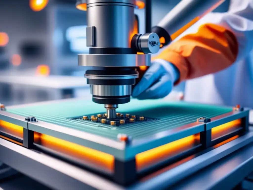 Ensamblaje de nanochip en cleanroom de alta tecnología Robótica ensamblado nanochip en sala limpia: circuitos intrincados y diseño futurista