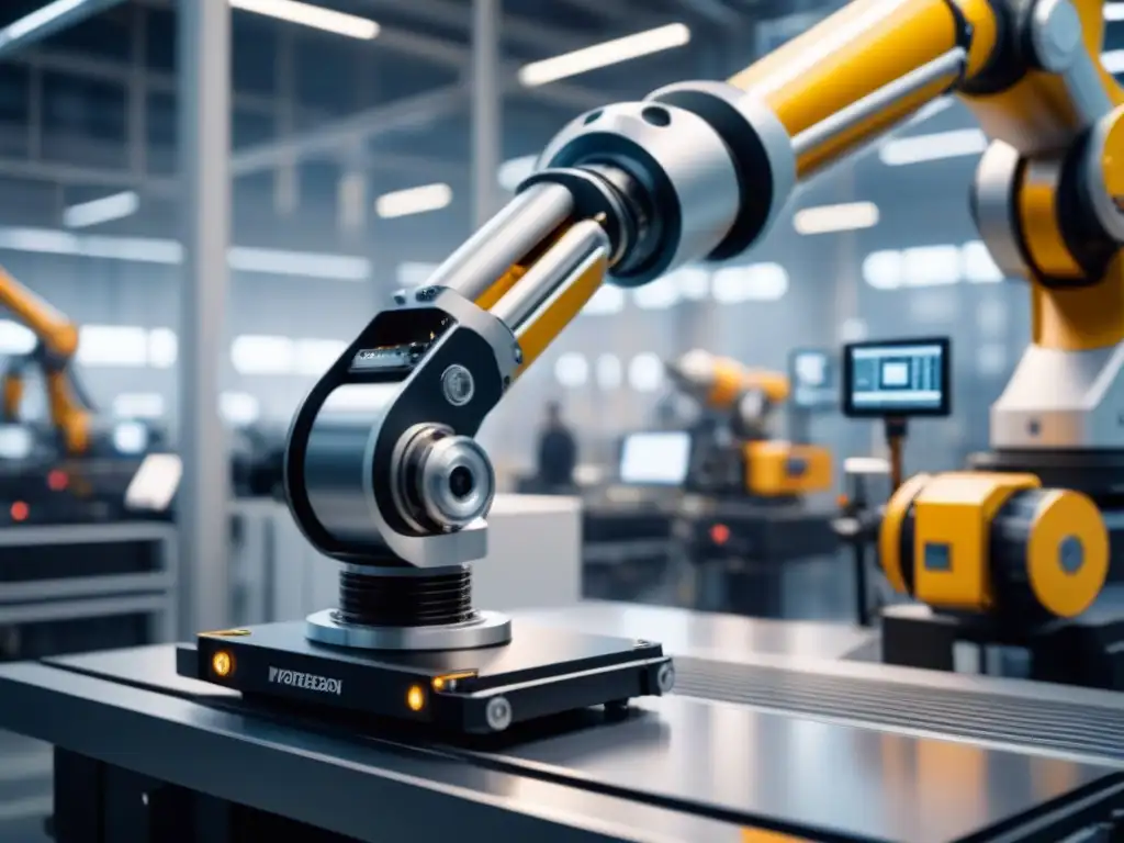 Robótica en industria manufacturera sostenible: Robótica avanzada y humanos colaborando en planta moderna futurista
