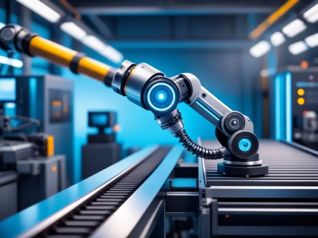 Robótica en industria manufacturera sostenible: Brazo robótico ensambla con precisión en entorno futurista y eficiente, iluminado en azul suave