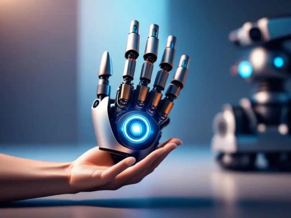 Robótica personalizada con inteligencia artificial: una mano robótica y una mano humana entrelazadas en armonía futurista