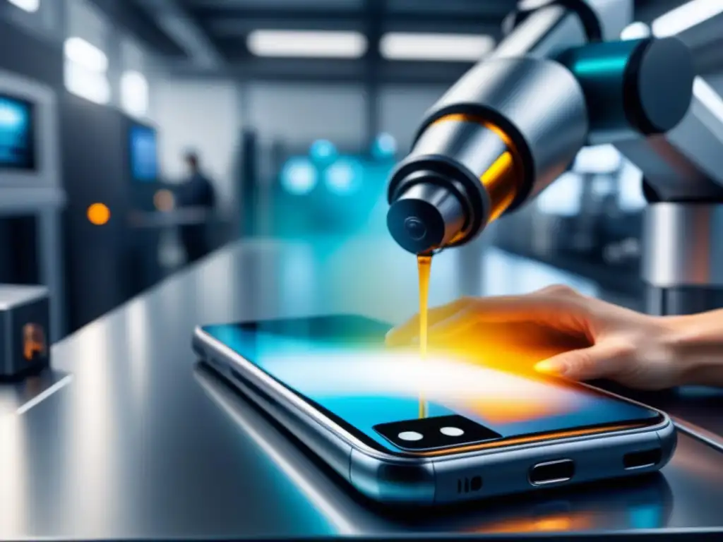 Robótica aplicando revestimiento en pantalla de smartphone en fábrica de alta tecnología, mostrando impacto tecnologías emergentes gestión innovación