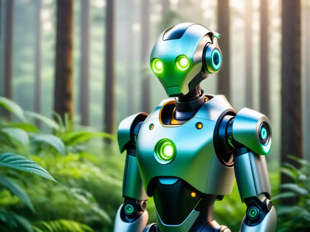 Robótica sensible para eficiencia energética: Robot futurista monitoreando el entorno en un bosque verde exuberante