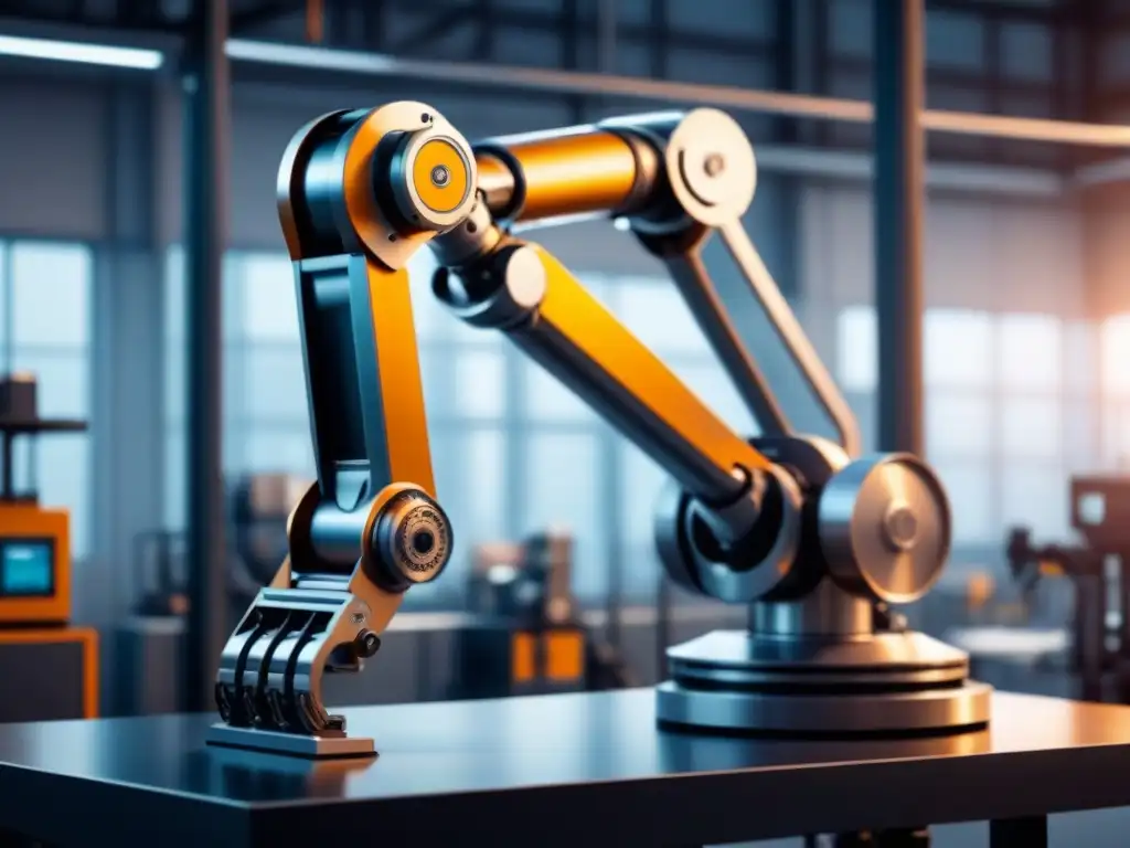 Robótica industrial de precisión: brazo mecánico futurista en acción Robótica sensible en industrias futuras: Un brazo robótico futurista manipulando maquinaria con precisión en un entorno industrial moderno y limpio