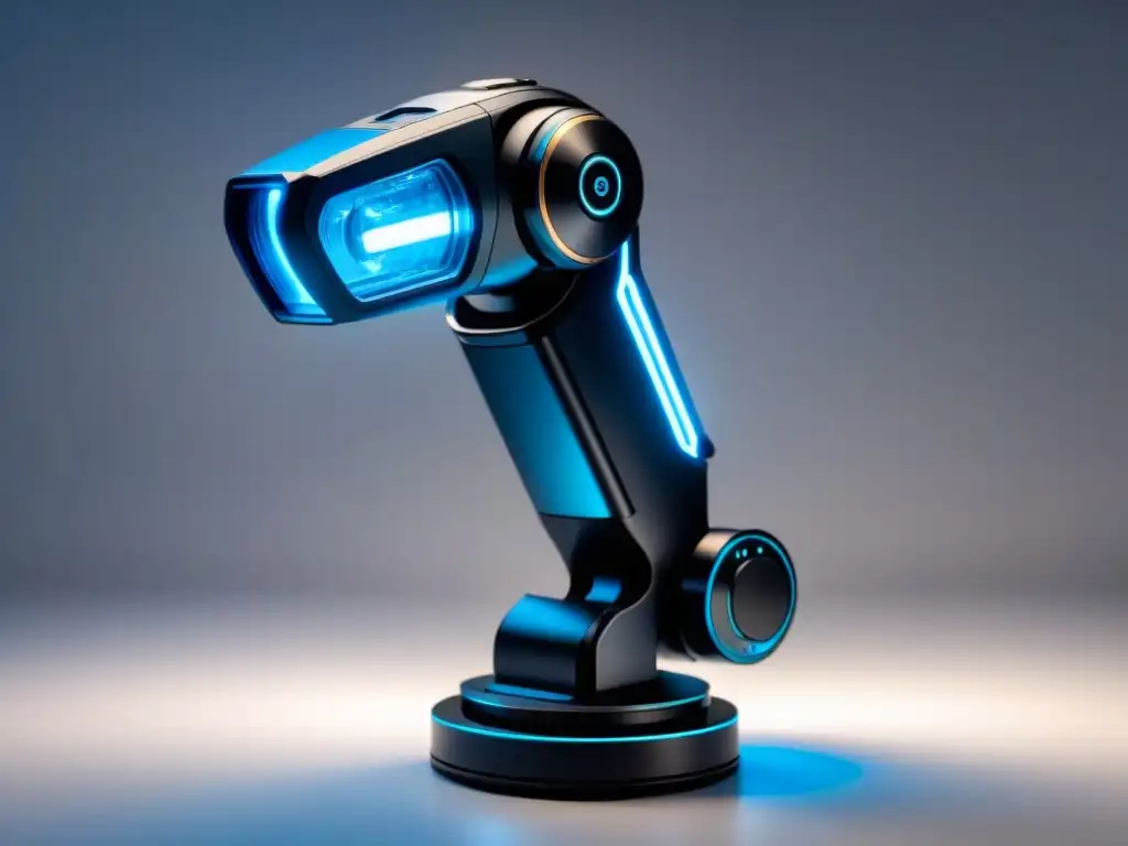 Robótico brazo negro mate con detalles azules, simbolizando la automatización en robótica industrial