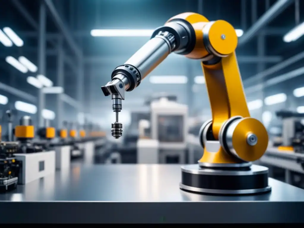 Robótica de precisión: brazo automatizado ensambla electrónicos Robótico brazo en planta manufacturera moderna, simbolizando automatización para aumentar productividad manufactura