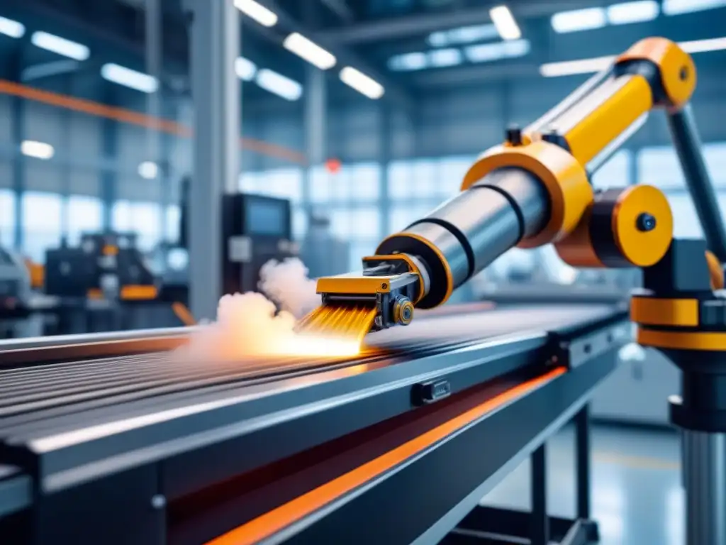 Robótico ensamblaje de componentes electrónicos en fábrica futurista Robótico brazo ensambla componentes electrónicos en fábrica de alta tecnología, enfoque en precisión y eficiencia