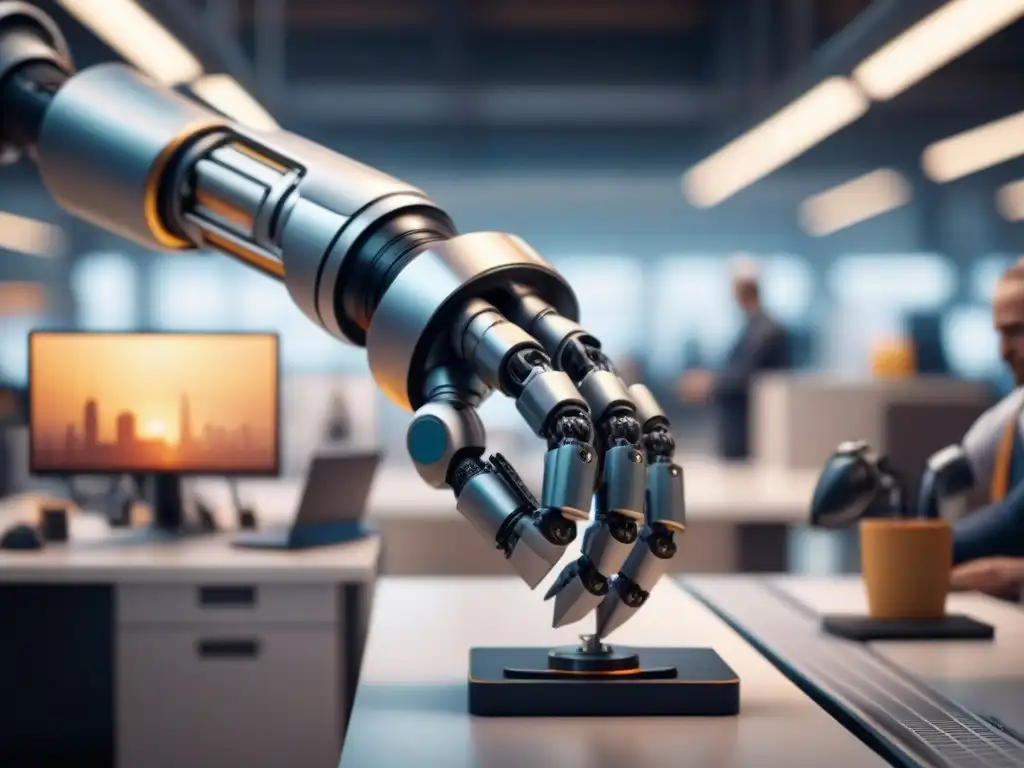 Robots de asistencia en laboral: brazo robótico colaborando armoniosamente con mano humana en entorno de trabajo moderno