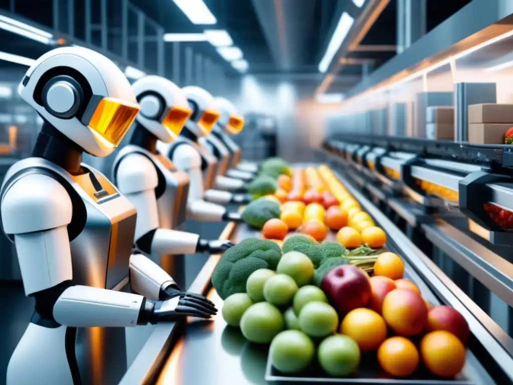 Robots blancos inspeccionan alimentos en moderna línea de producción