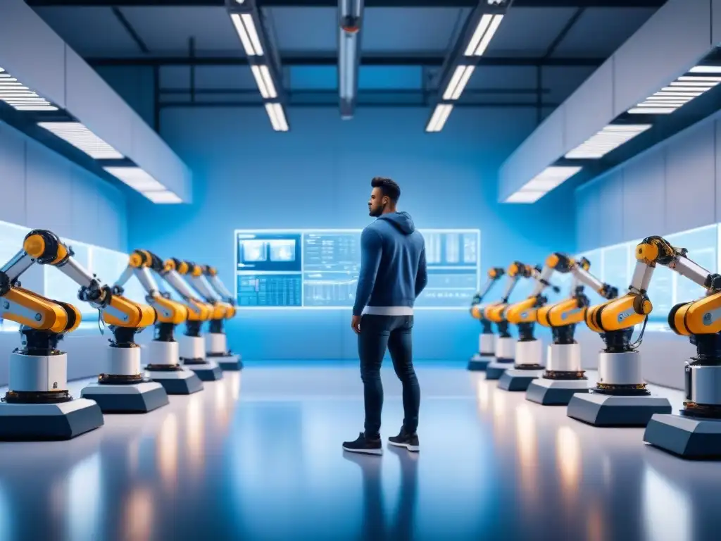 Planta de fabricación de alta tecnología: Robots ensamblan componentes electrónicos con precisión y velocidad Robots ensamblan componentes electrónicos con precisión en planta industrial futurista