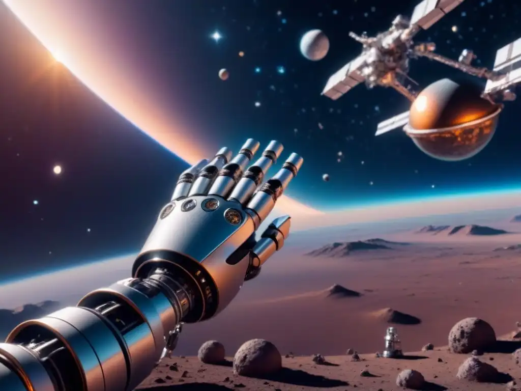 Robots construyendo futuro cósmico: un brazo robótico futurista ensambla una estación espacial en el espacio interestelar