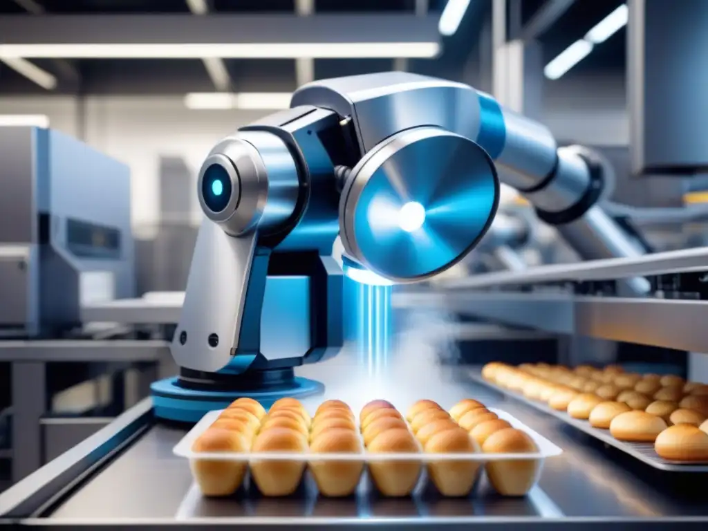 Robots en la industria alimentaria: Brazo robótico moderno en acción, empaquetando alimentos con precisión en una fábrica altamente tecnológica