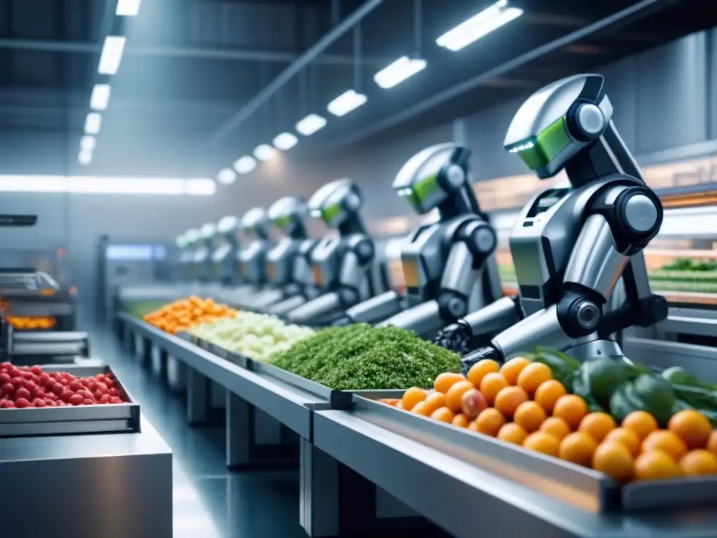 Robots en la industria alimentaria: Ilustración futurista de almacén con brazos robóticos ordenando frutas y verduras con precisión