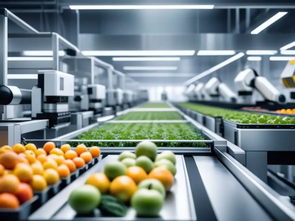 Robots de inteligencia artificial empacando alimentos frescos con precisión y frescura en línea de producción futurista