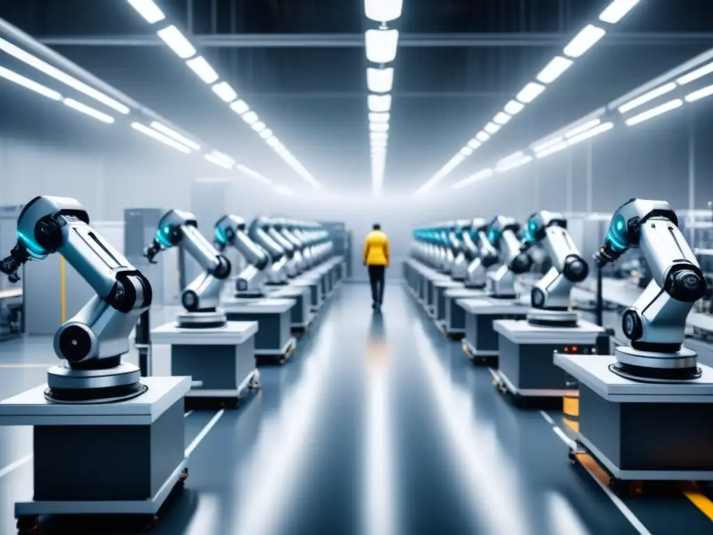 Robots metálicos trabajan juntos en línea de producción futurista