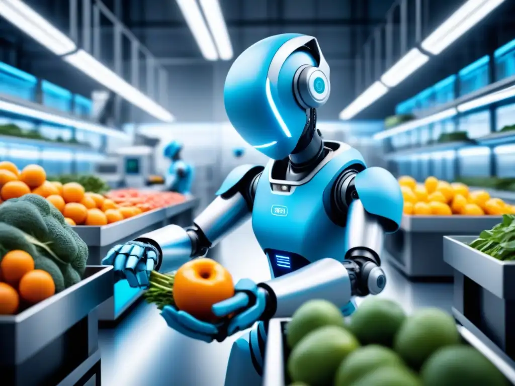 Robots de IA en planta empacadora de alimentos frescos con diseño futurista en azules y blancos