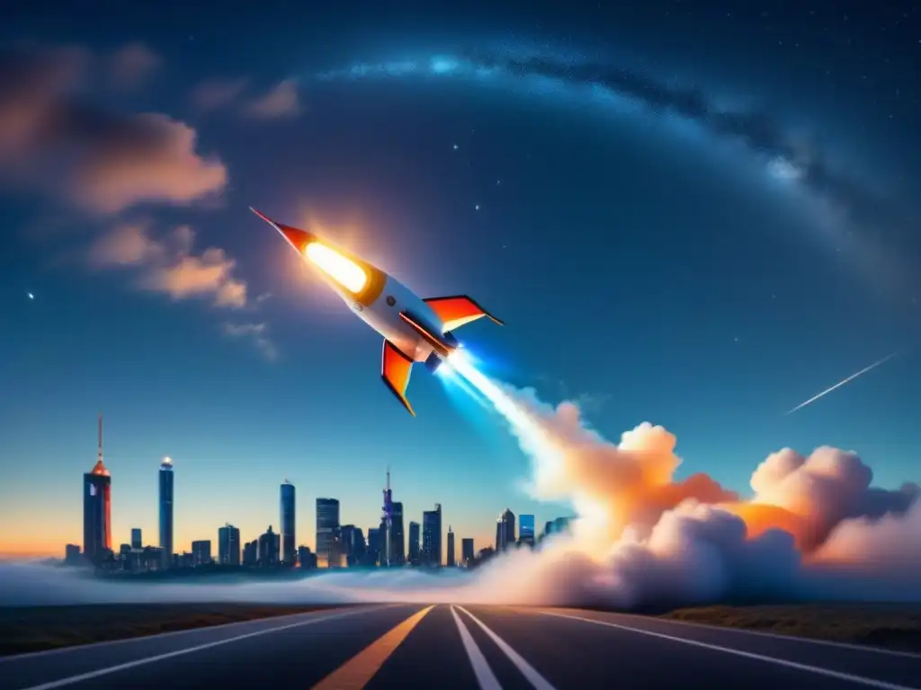 Rocket futurista en cielo estrellado simbolizando cultura empresarial aceleración innovación mercado