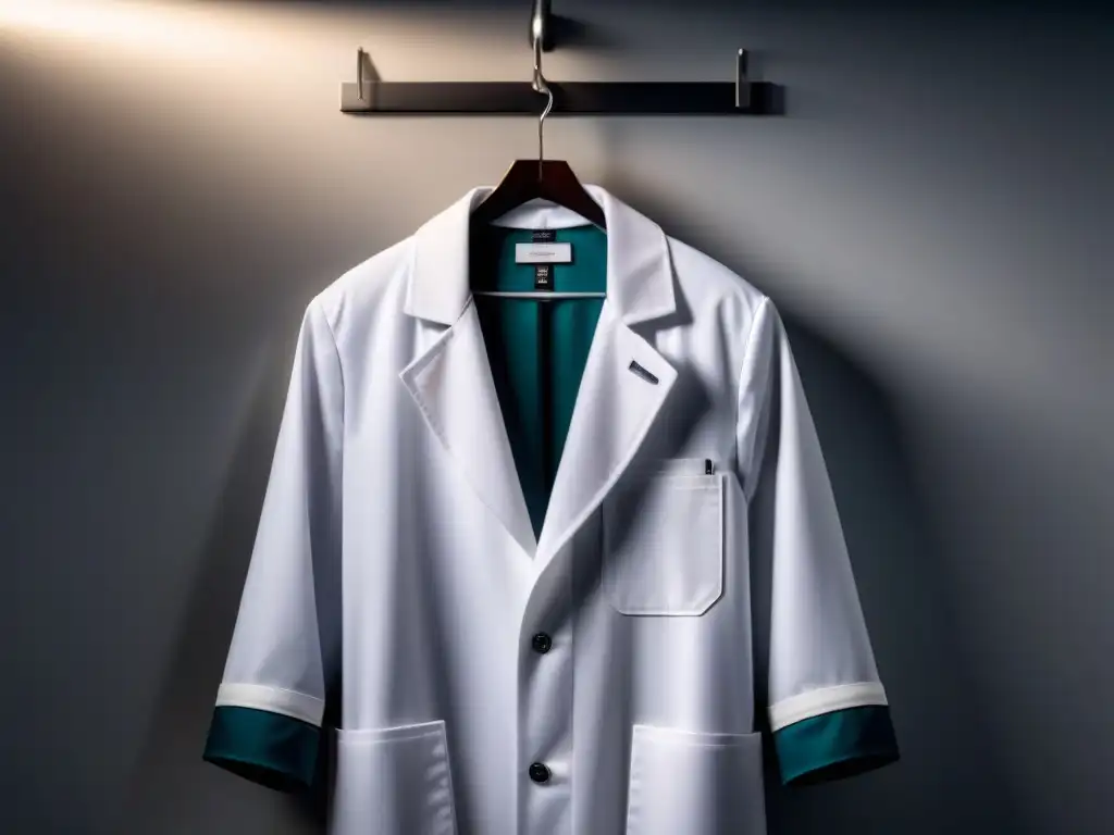 Ropa médica funcional innovadora: Detalle de un elegante y minimalista guardapolvo blanco con diseño innovador en un gancho de acero inoxidable