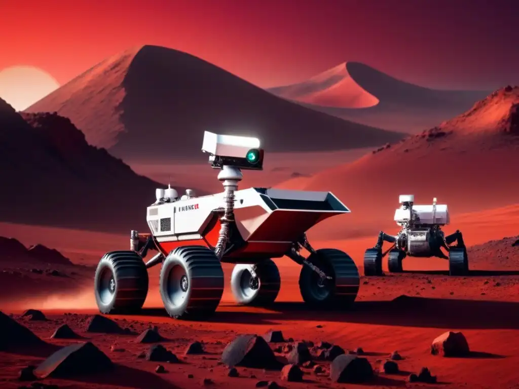 Un rover futurista en Marte con herramientas mineras avanzadas, bajo un cielo rojizo, destaca la minería sostenible en Marte