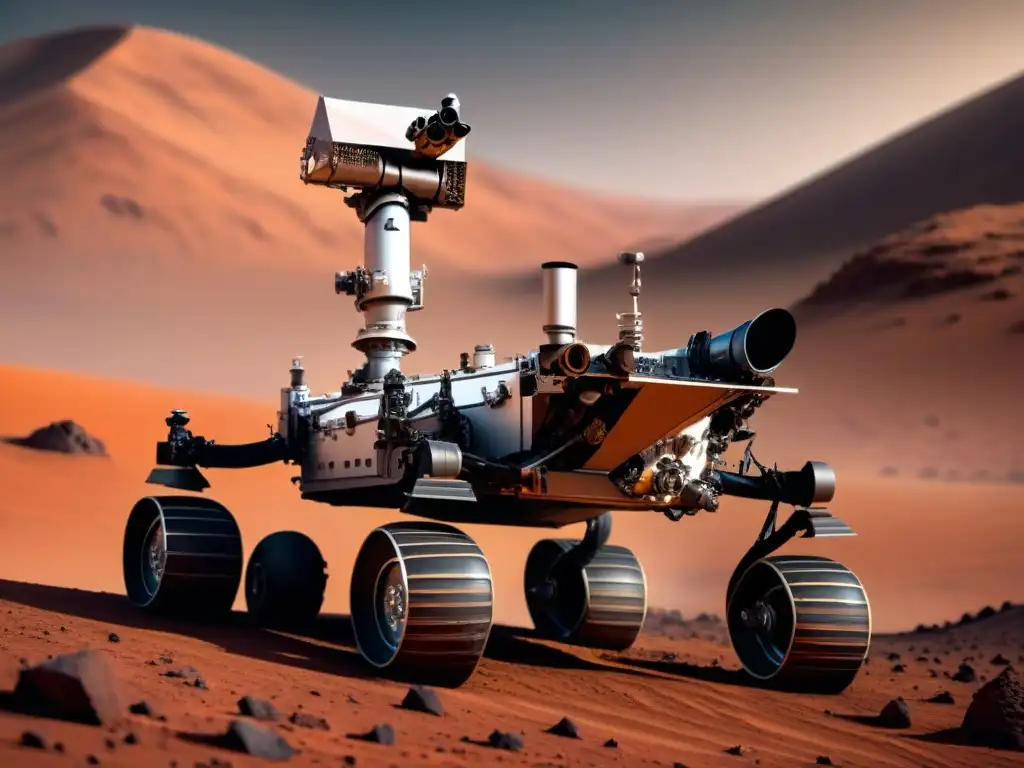 Rover marciano explorando terreno rocoso con avanzada tecnología de industrias