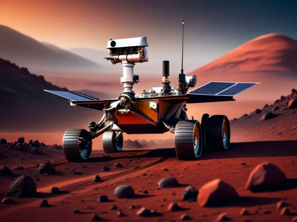 Un rover de Marte avanza en terreno marciano, con el planeta rojo de fondo y un cielo estrellado