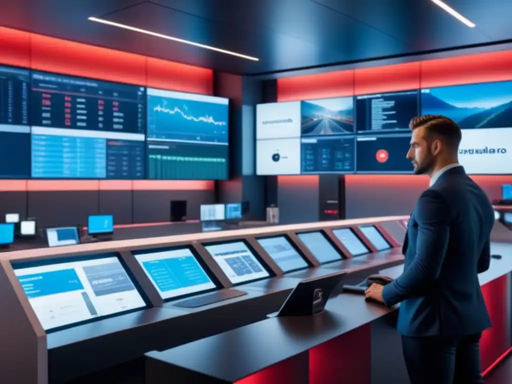 Control de vigilancia futurista en sucursal Banco Santander Una sala de control futurista en Banco Santander con sistemas avanzados de vigilancia